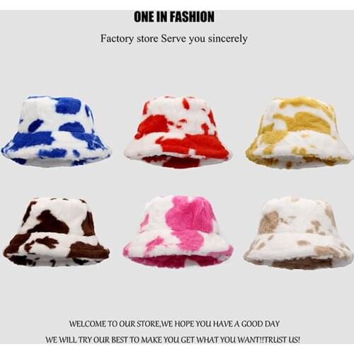 Fashionable Fisherman Hat Cow Pattern Plush Retro Bucket Hat Autumn and Winter Thick Warm Hat Korean Basin All-match Womens Hat