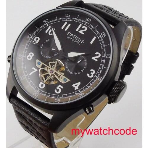 48mm Parnis black dial 316L stainless steel watch case leather strap seagull 2502 automatic movement mens watch