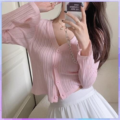 Solid Womens Thin Shirt Jacket Summer Crop Top Cardigan Knit Tops Hollow V-neck Loose Long Sleeved Sunscreen Tee Shirt Blusas