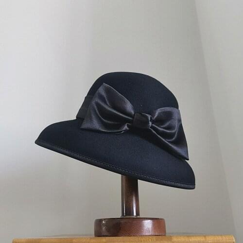 New 100% Wool Winter Hat Wide Brim Bow Dome Fedora Hats For Women Fashion Japanese Retro Casual Hat Sombrero Mujer Cape Chapeau