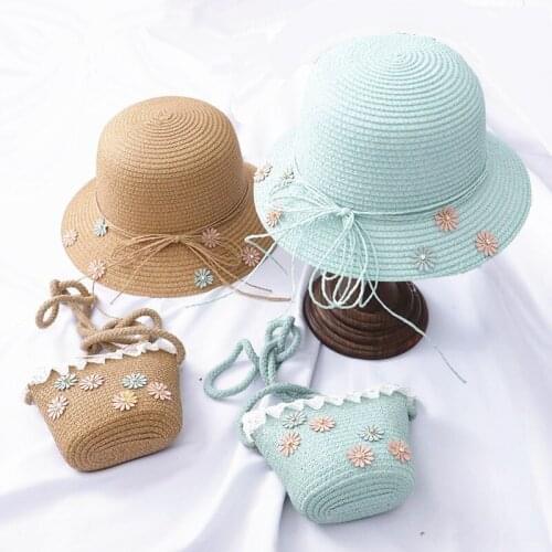 New floral straw hat for children girls Summer sun hat + bags sets Kids princess Ribbon holiday beach panama cap gorros