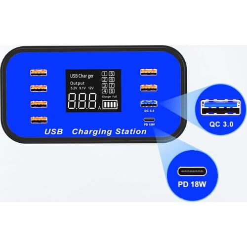 Multi Smart USB Charger 8-Port Desktop Hub Charging Station USB PD-18W QC 3.0 With LCD Display for iOS Android Phone Tablet