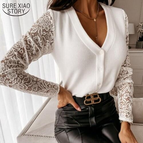 2021 Spring Sexy Lace Long Sleeve Women T-shirts V-neck Bottoming Shirt T Women Office Tops Single Breasted Female Blusas 12684