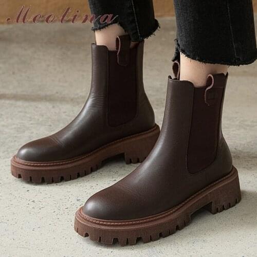 Meotina Shoes Women Genuine Leather Ankle Boots Med Heel Round Toe Boots Thick Heel Ladies Short Boots Autumn Winter 40 Black