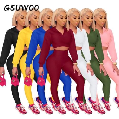 GSUWOO Autumn Women Long Sleeve 2pc Sets Turtleneck Crop Zipper Sweatshirt + High Waist Leggings Pants Outfits Tracksuit Clothes
