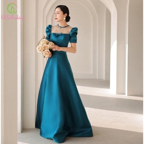 SSYFashion French Elegant Blue Satin Evening Dress Puff Sleeve Floor-length Formal Party Gowns for Women Vestidos De Fiesta