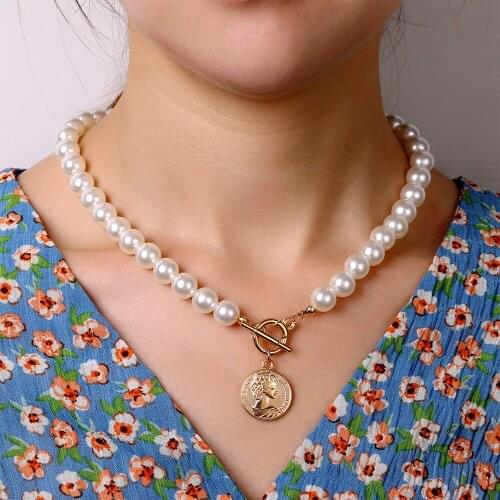 VKME 2020 Elegant Flower Pearl Choker Necklaces For Women Gold Coin Bow Knot Pendant Necklace Long Chain Jewelry Party Gifts