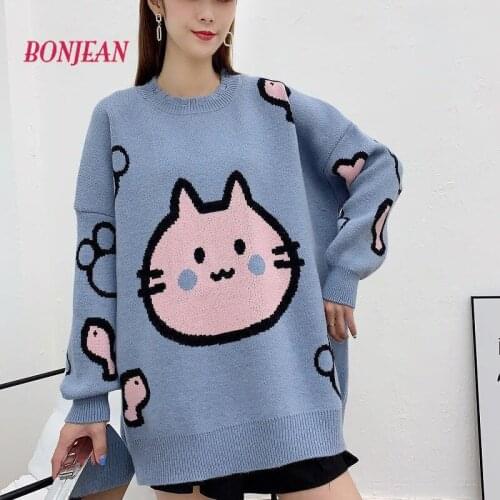2020 Harajuku Pink Cat Cartoon Sweater Dress Plus Size Sweater 2020 Autumn Japanese Fashion Korean Tops Christmas Jumper