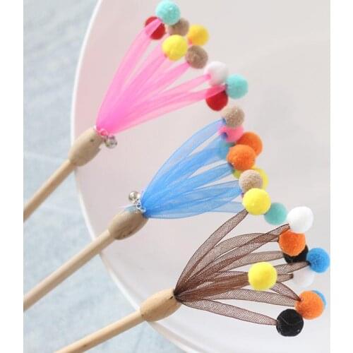 1PCS Multicolor Cat Teaser Wand Wooden Rod Pom Pom Bell Creative Gauze Pet Kitten Teaser Toy Cat Interactive Tools Pet Supplies