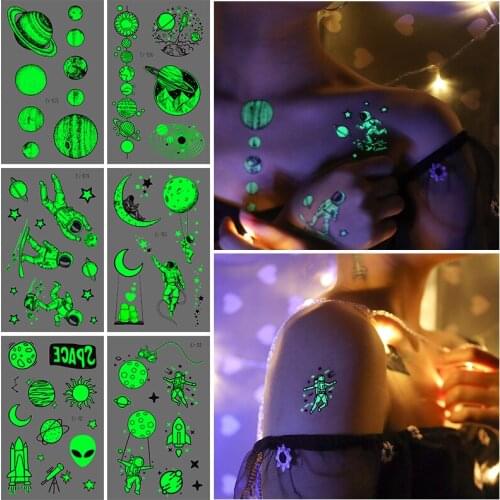 6PCS/set Space Man Planet Tattoo For Children Glowing Dark Taty Waterproof Body Art Fake Tatoo Luminous Tattoo Stickers