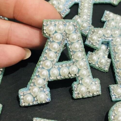 1Pcs Blue Pearl Rhinestone English Letter Alphabet Sew Iron On Patch Badge 3D Handmade Letters Patches Bag Jeans Applique DIY