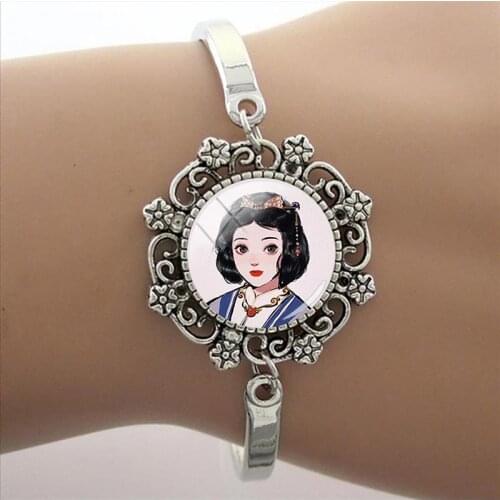 Disney Ariel Belle Princess Bracelet Jewelry Glass Cabochon Charm Bracelet Cartoon Q Version Princess Glass Dome Bracelet