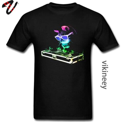 Rainbow DJ Cat Techno Controller Unit Rock T Shirts Not Today Neon Cats 3D Print Tshirt 100% Cotton Crewneck Men T Shirt Funny