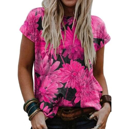 Women T-shirt Round Neck Floral Print Summer Loose Short Sleeve Women Top for Leisure robe femme Womens Clothing 2021