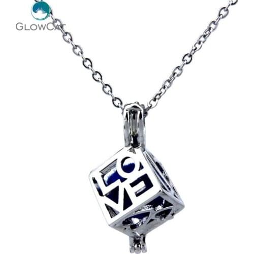 K208 Silver Square Letter Love Locket Beads Cage Necklace Stainless Chain Mom Aroma Essential Oil Diffuser Locket