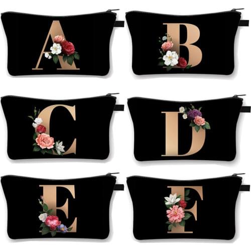 26 Initials Flower Cosmetic Bag A-Z Letter StorageBag Travel Bridesmaid Ladies Coin Purse Girl Bridal Party Makeup Bag Gift