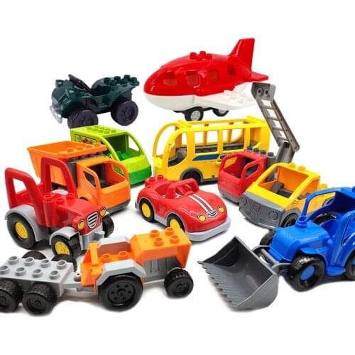 Mini Car Bus Helicopter Cartoon Plane Big Size Building Blocks Original Vehicle Accessory DIY Toys Compatible Duplo Bricks Sets