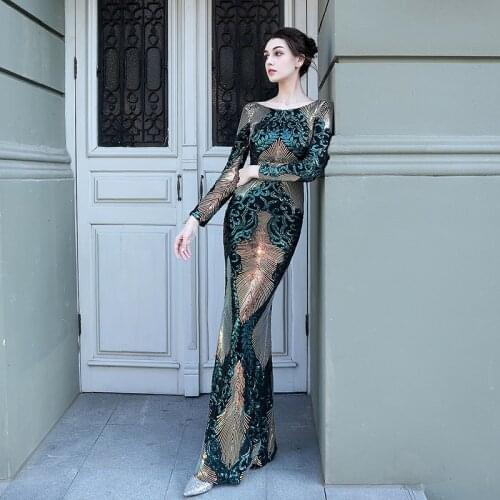 New Sexy Backless Long Evening Dress Long Sleeve Vintage Sequin Wedding Party Bodycon Dresses Female Plus Size XXL Vestidos