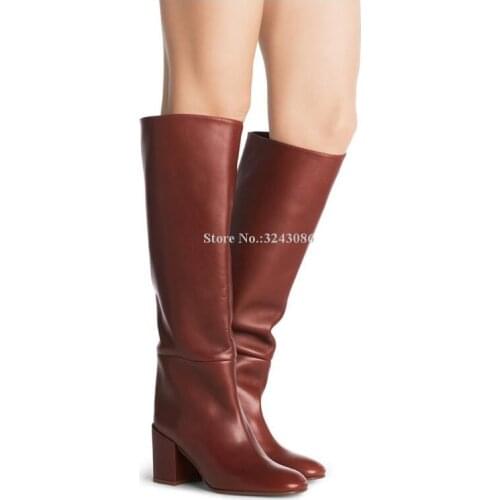 New Brown Black Leather Chunky Heel Knee Boots Women Sexy Round Toe Slip-on Thick Heel Long Boots Ladies Large Size Winter Shoes