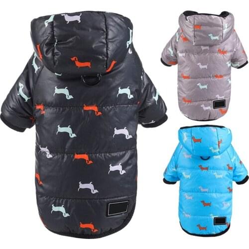 Autumn Winter Clothes For Dogs Dachshund Printed Cotton Down Jacket With Leash Ring Thicken Hoodie For Small Medium Dogs Puppy