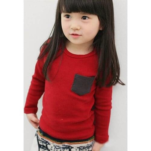 Autumn Baby Kids Long Sleeve Crewneck T-shirt Pocket Decor Boy Girl Shirt Clothes 2-7 Years Hot Sale