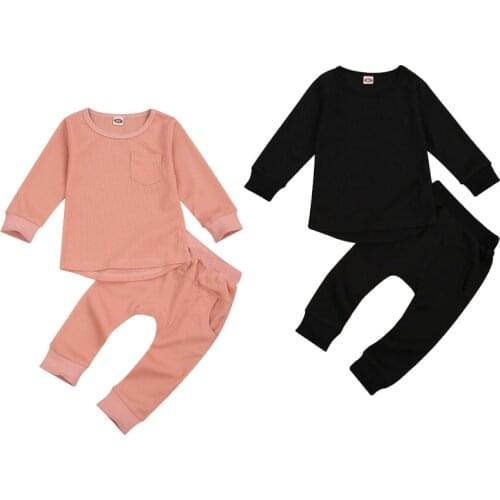 1-4Years Autumn Winter Baby Girls Boys Pajama Sets Solid Pocket Long Sleeve Pullover Tops Pants 2pcs