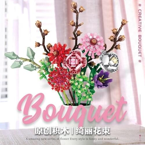 Romantic Rose Bouquet Building Blocks Home Decoration Plant Tulip Flower Model DIY Bouquet Assembled Building Blocks Girl Toys