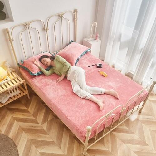 Pink Elastic Band Fitted Sheet Crystal Velvet Bed Linen Mattress Cover Solid Color 1pcs Winter Warm Soft Queen 180x200cm