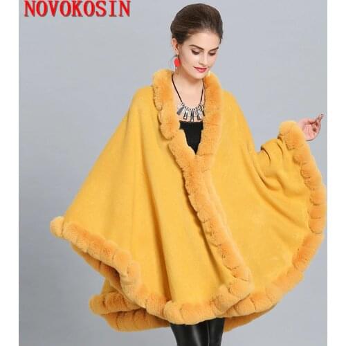 SC276 Winter Cloak Knitted Warm Thick Coat 2018 Plus Size Poncho Women Faux Fox Fur Collar Cape Big Pendulum Dovetail Cardigan