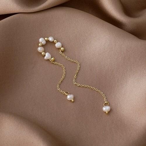 LOVOACC Temperament Natural Freshwater Pearl Tassel Earrings for Women Lady Gold Chain Ball Clip Earrings Wedding Bridal Jewelry