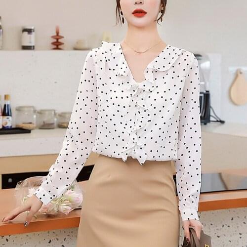 Chiffon V-neck Shirt 2021 New Autumn Shirt Long sleeved shirt Ruffle wave dot Female ladies top Womens Blusas Mujer Blouse 516B