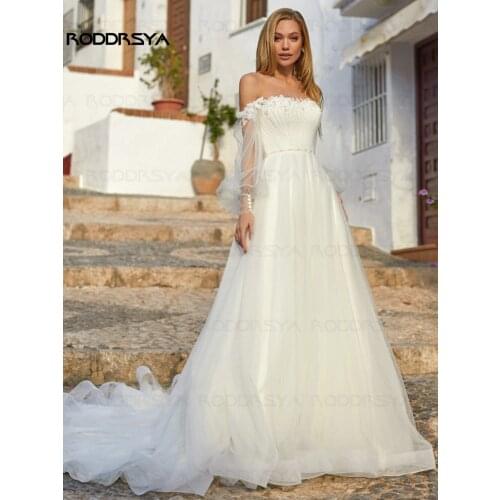 Scoop Neck A-Line Weddding Dresses Simple Floating Organza 2021 Bridal Gown Puff Long Sleeves robe de mariée Sweep Train