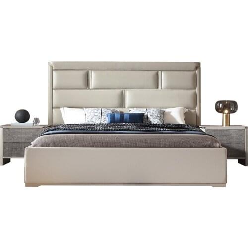 Light luxury solid wood double bed modern simple master bedroom leather big bed wedding bed designer furniture