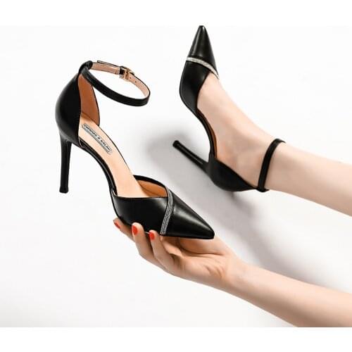 Summer New Rhinestone Shoes Point Toe High Heel Genuine Leather Work Shoes Thin Heel Pumps