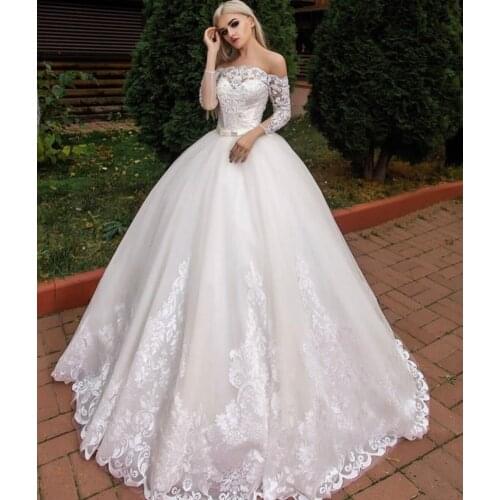 Gorgeous Wedding Dress 2021 Off Shoulder Boat Neck 3/4 Sleeve Lace Appliques Sequins Beads Bridal Ball Gown Vestidos De Noiva