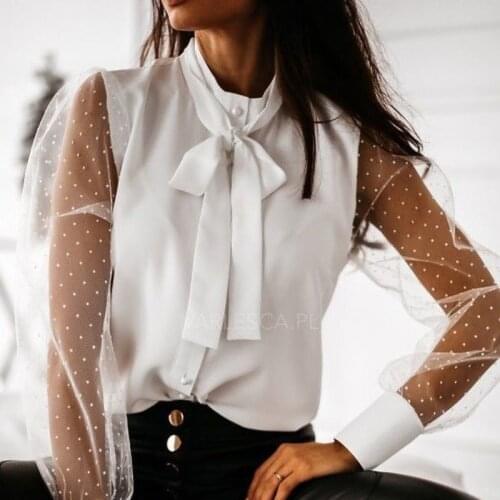 Mesh Plus Size White Shirt 2021 New Spring Stand Collar Bow Korean Blouse Women Solid Casual Long Sleeve Loose Ladies Tops 12590