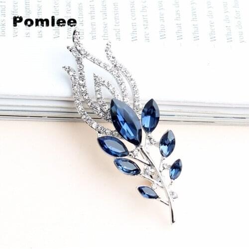 Pomlee Feather Brooches For Women Royal Blue And Clear Color Coat Brooch Pin Wedding Jewelry Party Accessories Gift Wholesales