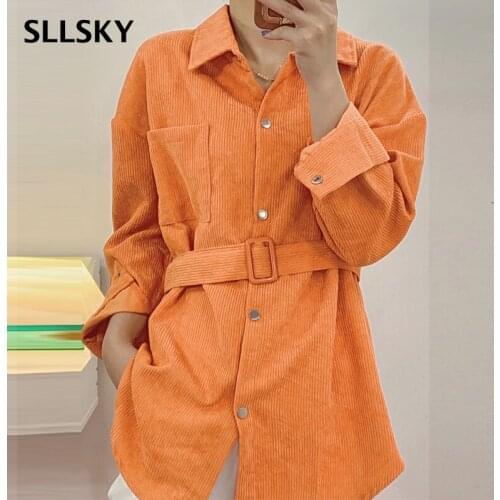SLLSKY Fashion Adjustable Sashes Corduroy Jacket Women Spring Turn-down Collar Casual Long Outwear Female Single Breasted Coat