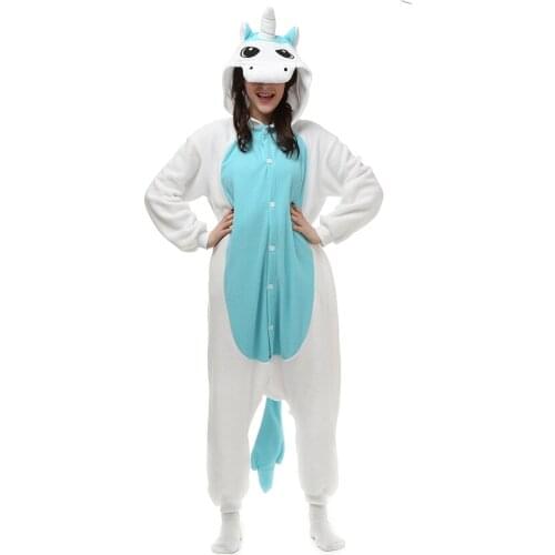 Womens Polar Fleece Kigurumi Blue Unicorn Cosplay Costume Animal Onesies Pajamas Halloween Carnival Masquerade Party Jumpsuit
