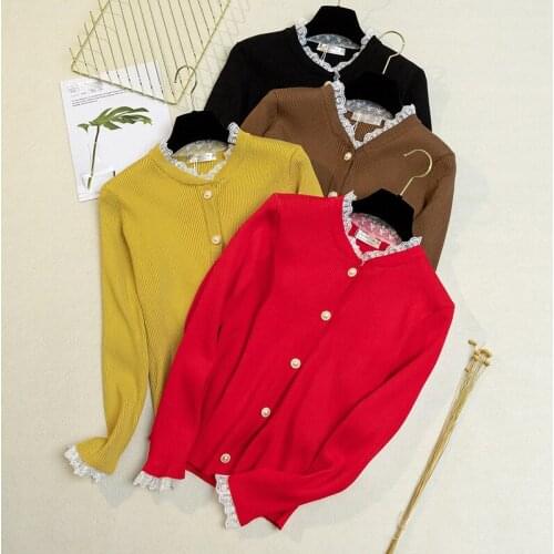 Sweater women lace neck Cardigan Women V Neck Sweater 2019 Cute pearl button cardigan for women mustard yellow cardigan feminino