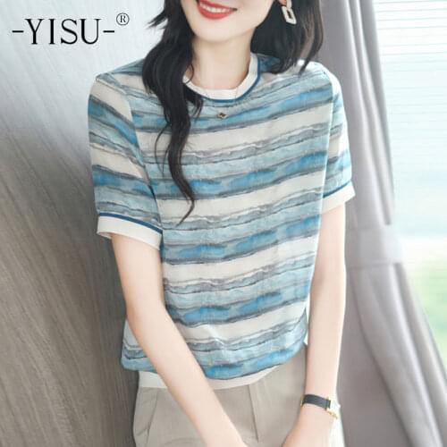 YISU 2021 Women Summer Sweater Summer tops O-Neck Short sleeve Jumper Sweater Wavy stripes Casual Knitted Pullover Thin T-shirt