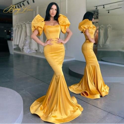 Berylove Gold Mermaid Evening Dresses Lantern Sleeve Elegant Formal Party Gown Sexy Prom Dress Satin Floor Length Long vestidos
