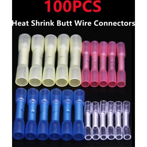 100Pcs Waterproof Heat Shrink Butt Connectors Electrical Wire Splice Cable Crimp Terminals Connector Insulated Car Accessories