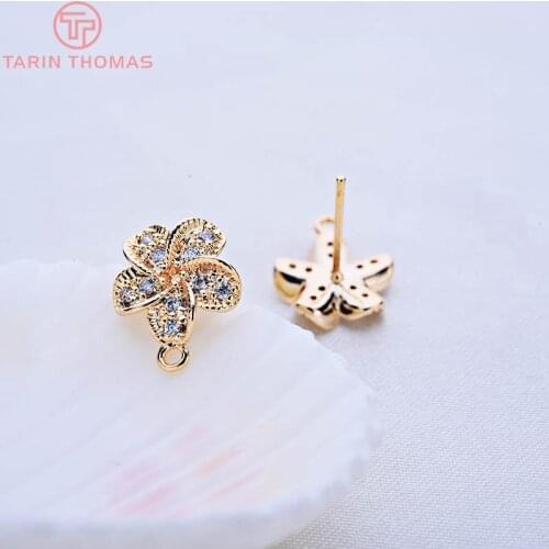 4PCS 12MM 24K Gold Color Brass with Zircon Flower Stud Earrings High Quality DIY Jewelry Making Findings