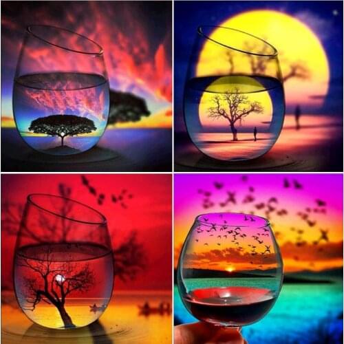 4 Pack 5D DIY Diamond Painting Sunset Sunrise Cup 30*30cm Kits Full Drill Rhinestone Embroidery Cross Stitch Home Decor Craft