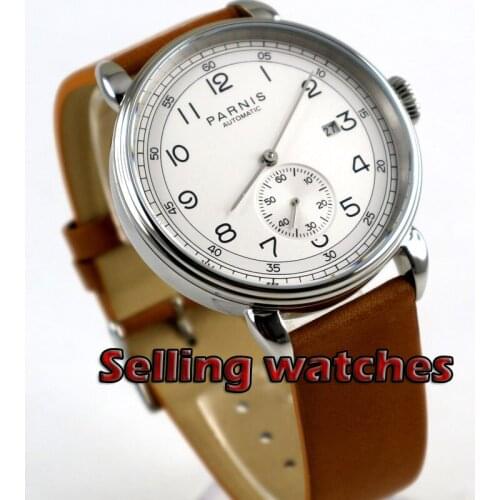 42mm PARNIS White Dial Date Indicator Leather Top Brand Luxury Automatic Mechanical mens Watch