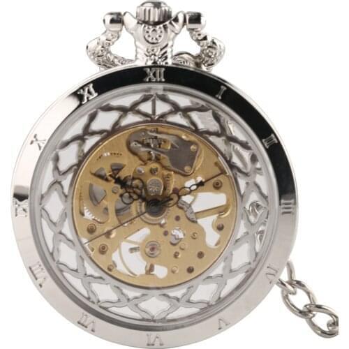 Antique Black Silver Transparent Hand Wind Mechanical Pocket Watch Unisex Gift Vintage Pendant Chain Necklace Steampunk Pokcet