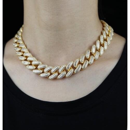 Iced out 18mm wide Baguette cz Prong Cuban Link Heavy chain Necklace For men women Hip Hop Fashion Luxury Bling Chain Gift