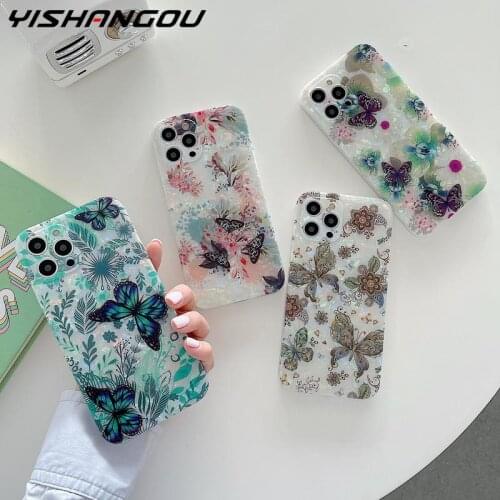 Phone Case For iPhone 12 11 Pro Max XS XR X 10 8 7 Plus SE 2020 Luxury Conch Shell Butterfly Flowers Patterned IMD Soft Cover
