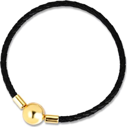 Black Leather Shine Bracelets 100% 925 Authentic Sterling Silver Fine Jewelry Free Shipping